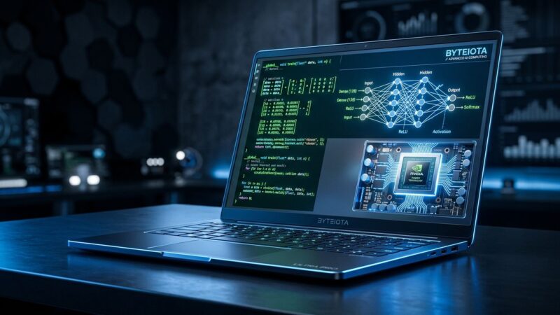 Nvidia RTX Spark laptop with CUDA code and neural network diagrams glowing in blue light