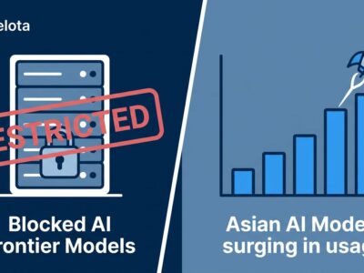 Split-screen showing blocked US AI models on left and rising Asian AI alternatives on right, representing the impact of the Fable 5 export ban