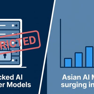 Split-screen showing blocked US AI models on left and rising Asian AI alternatives on right, representing the impact of the Fable 5 export ban