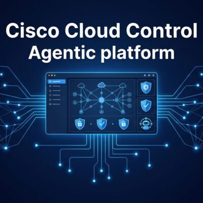 Cisco Cloud Control agentic platform showing AI agents managing enterprise IT infrastructure with MCP integration and unified network topology