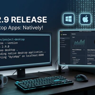 Deno 2.9 terminal showing deno desktop command with native app window and platform icons