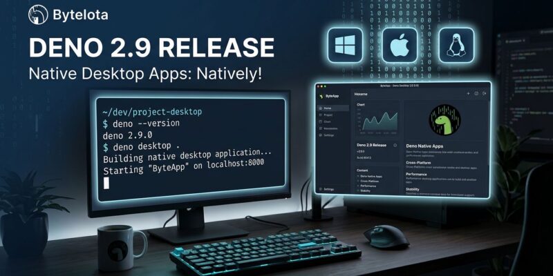 Deno 2.9 terminal showing deno desktop command with native app window and platform icons