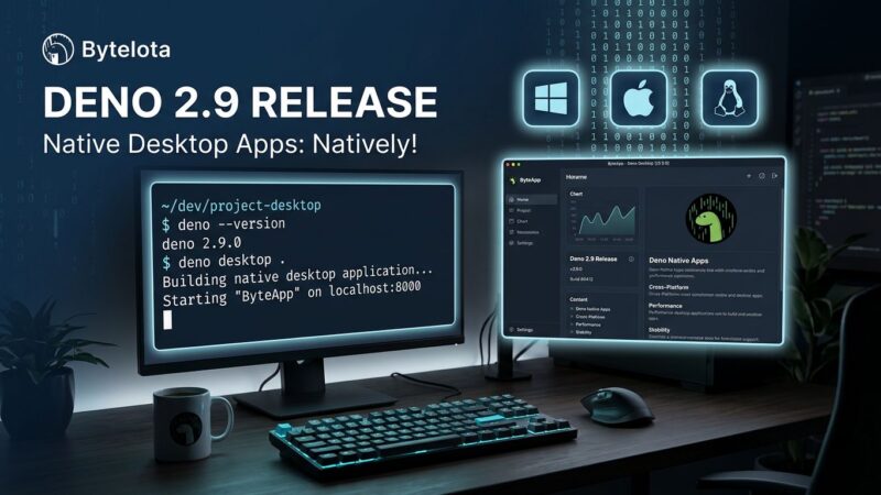 Deno 2.9 terminal showing deno desktop command with native app window and platform icons