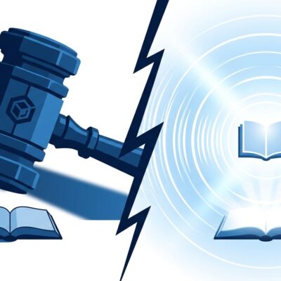 Split-screen illustration showing Meta legal gavel attempting to suppress a book while the Streisand Effect amplifies it outward