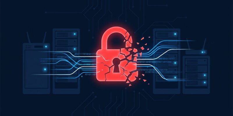Cybersecurity illustration showing a broken lock icon on dark blue circuit background representing the Splunk CVE-2026-20253 unauthenticated RCE vulnerability