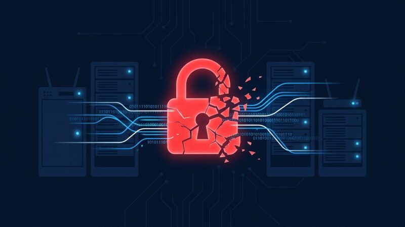 Cybersecurity illustration showing a broken lock icon on dark blue circuit background representing the Splunk CVE-2026-20253 unauthenticated RCE vulnerability