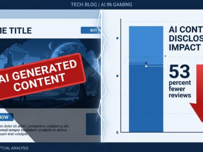 Split-screen visualization showing Steam AI disclosure label on left and 53% fewer reviews bar chart on right