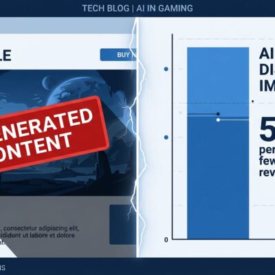 Split-screen visualization showing Steam AI disclosure label on left and 53% fewer reviews bar chart on right