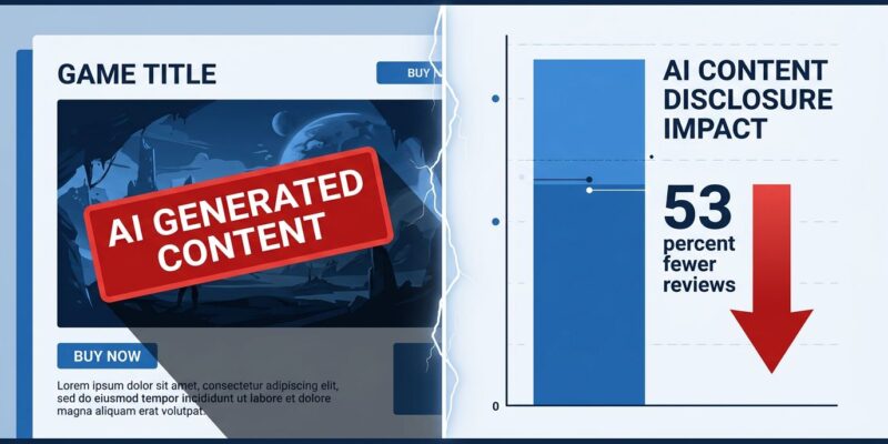Split-screen visualization showing Steam AI disclosure label on left and 53% fewer reviews bar chart on right