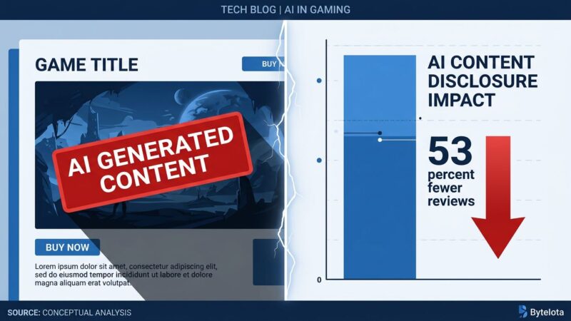 Split-screen visualization showing Steam AI disclosure label on left and 53% fewer reviews bar chart on right