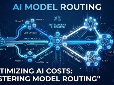 Abstract visualization of LLM model routing architecture showing cheap and expensive AI model nodes connected by routing pathways