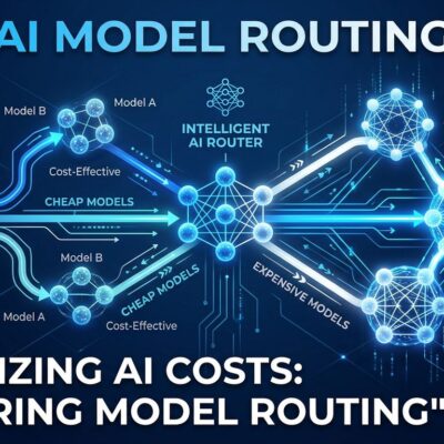 Abstract visualization of LLM model routing architecture showing cheap and expensive AI model nodes connected by routing pathways