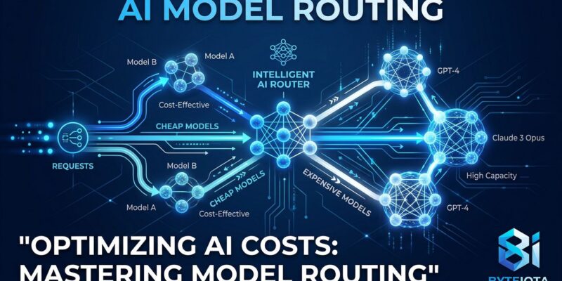 Abstract visualization of LLM model routing architecture showing cheap and expensive AI model nodes connected by routing pathways