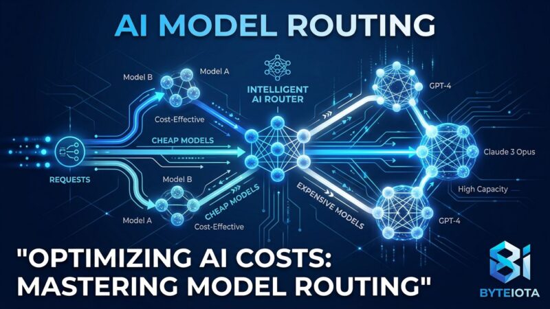 Abstract visualization of LLM model routing architecture showing cheap and expensive AI model nodes connected by routing pathways
