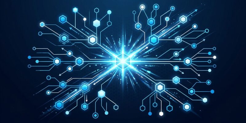 Abstract visualization of Next.js 16.3 component tree with instant navigation flows in blue and white