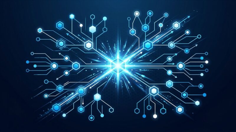 Abstract visualization of Next.js 16.3 component tree with instant navigation flows in blue and white