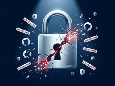 Cracked padlock with CVE badges and security warning icons on dark blue background representing vulnerability disclosure