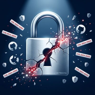 Cracked padlock with CVE badges and security warning icons on dark blue background representing vulnerability disclosure