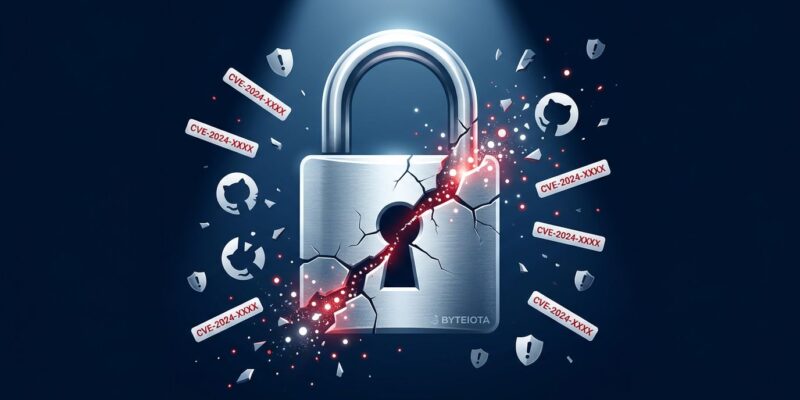 Cracked padlock with CVE badges and security warning icons on dark blue background representing vulnerability disclosure