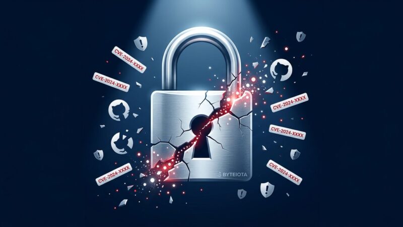 Cracked padlock with CVE badges and security warning icons on dark blue background representing vulnerability disclosure