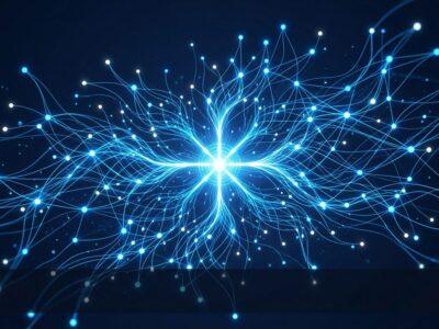 Abstract visualization of GLM-5.2 open-source AI model release with blue neural network nodes on dark background