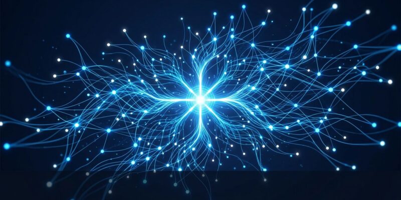 Abstract visualization of GLM-5.2 open-source AI model release with blue neural network nodes on dark background