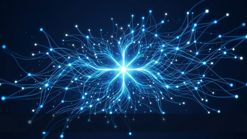 Abstract visualization of GLM-5.2 open-source AI model release with blue neural network nodes on dark background