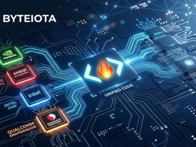 Interconnected chip architectures showing Qualcomm Modular acquisition and Mojo programming language unifying AI inference across hardware vendors