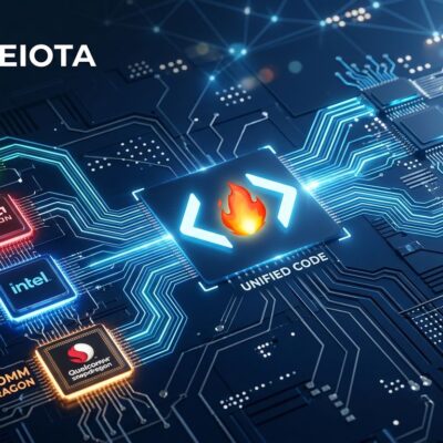 Interconnected chip architectures showing Qualcomm Modular acquisition and Mojo programming language unifying AI inference across hardware vendors