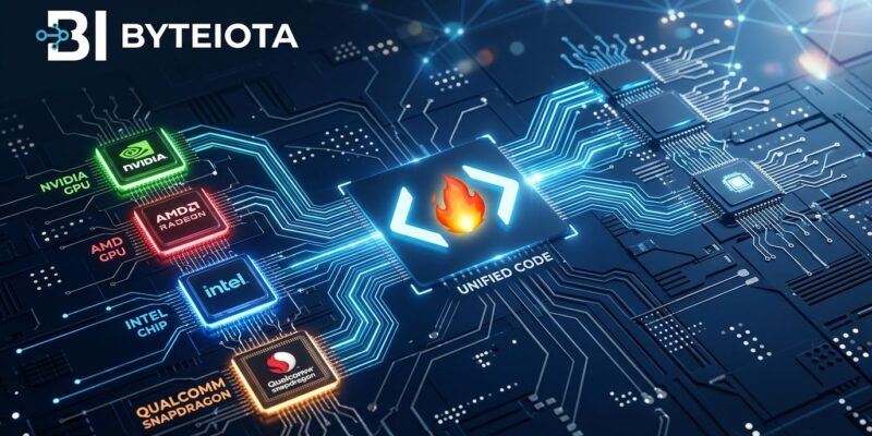 Interconnected chip architectures showing Qualcomm Modular acquisition and Mojo programming language unifying AI inference across hardware vendors