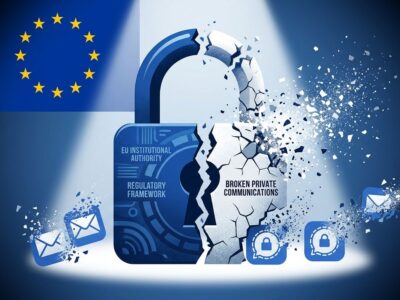 Digital padlock splitting apart representing EU Chat Control breaking encrypted communications