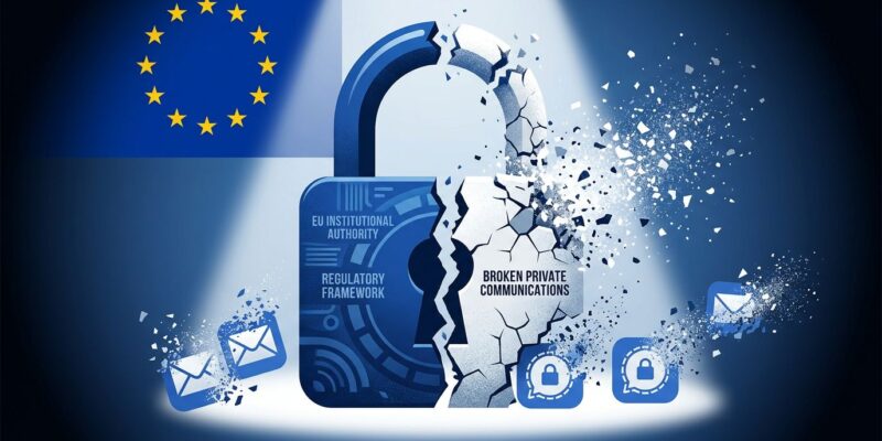Digital padlock splitting apart representing EU Chat Control breaking encrypted communications