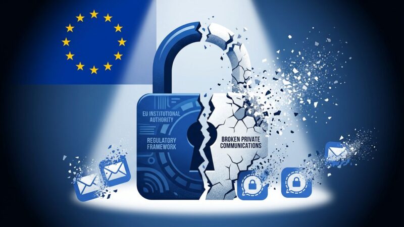 Digital padlock splitting apart representing EU Chat Control breaking encrypted communications