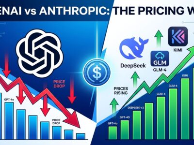 Split-screen visualization showing OpenAI and Anthropic price declining on the left while Chinese AI models rise on the right, representing the 2026 AI pricing war