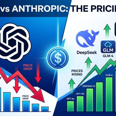 Split-screen visualization showing OpenAI and Anthropic price declining on the left while Chinese AI models rise on the right, representing the 2026 AI pricing war