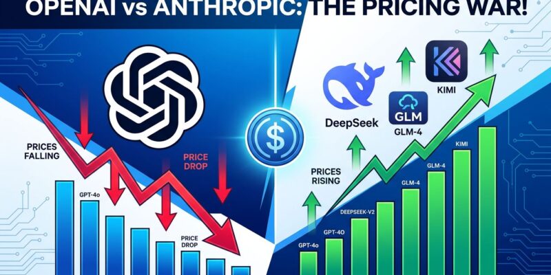 Split-screen visualization showing OpenAI and Anthropic price declining on the left while Chinese AI models rise on the right, representing the 2026 AI pricing war