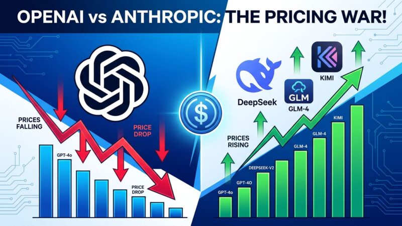 Split-screen visualization showing OpenAI and Anthropic price declining on the left while Chinese AI models rise on the right, representing the 2026 AI pricing war