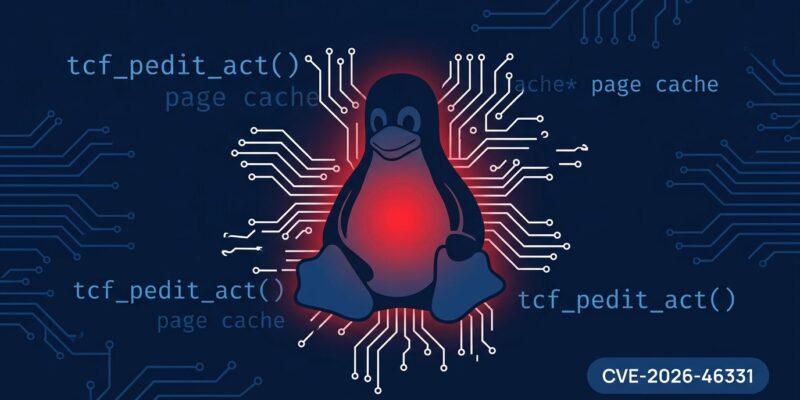 Linux kernel pedit COW vulnerability CVE-2026-46331 diagram showing page cache poisoning exploit path