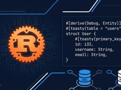 Rust gear logo with code snippet and database icons representing the Toasty async ORM for Rust programming language