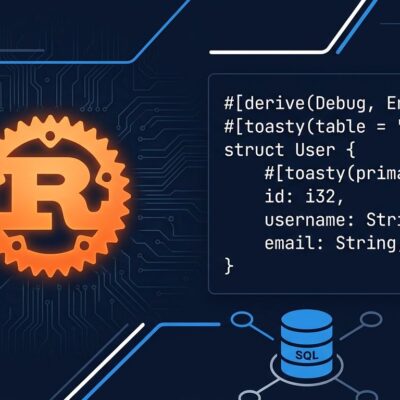 Rust gear logo with code snippet and database icons representing the Toasty async ORM for Rust programming language