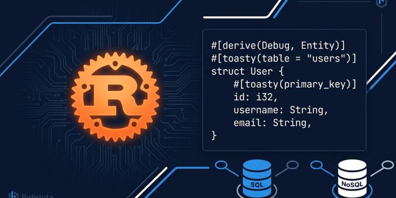 Rust gear logo with code snippet and database icons representing the Toasty async ORM for Rust programming language