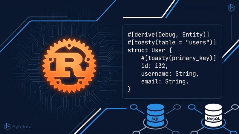 Rust gear logo with code snippet and database icons representing the Toasty async ORM for Rust programming language
