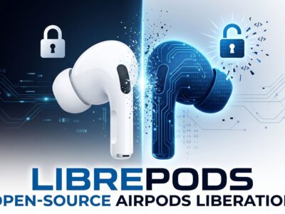 LibrePods conceptual illustration showing AirPods split between Apple lock-in and open source liberation