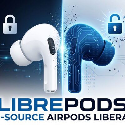LibrePods conceptual illustration showing AirPods split between Apple lock-in and open source liberation
