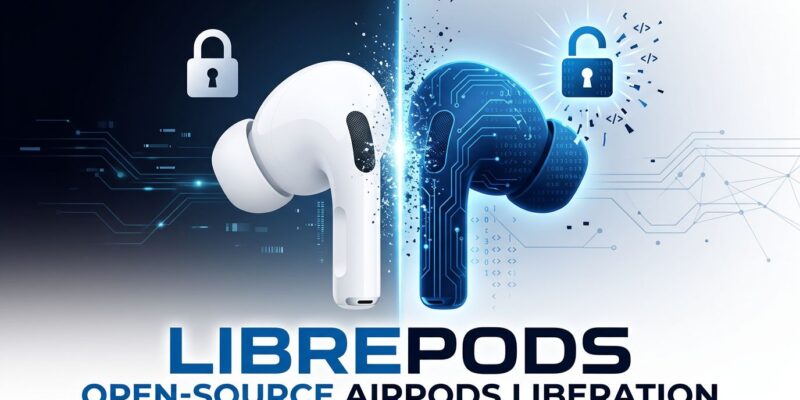 LibrePods conceptual illustration showing AirPods split between Apple lock-in and open source liberation
