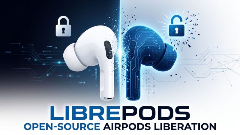 LibrePods conceptual illustration showing AirPods split between Apple lock-in and open source liberation