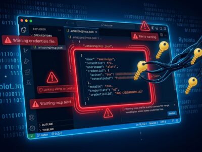VS Code editor with Amazon Q extension showing malicious MCP config file stealing AWS credentials - CVE-2026-12957