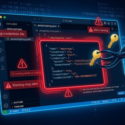 VS Code editor with Amazon Q extension showing malicious MCP config file stealing AWS credentials - CVE-2026-12957