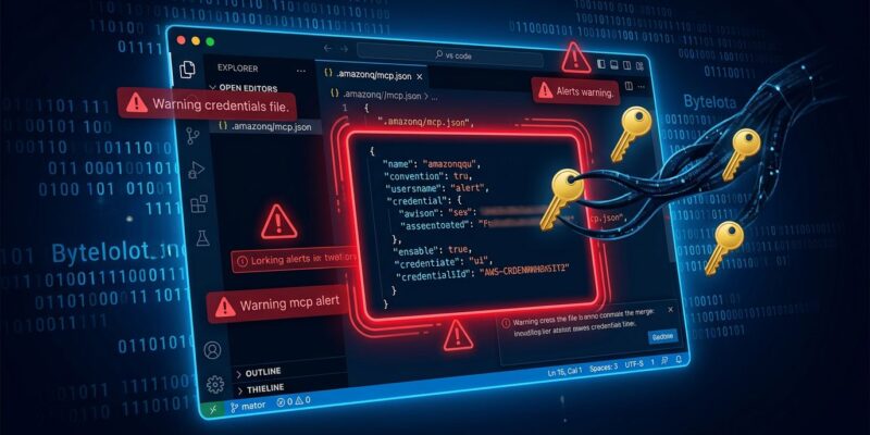 VS Code editor with Amazon Q extension showing malicious MCP config file stealing AWS credentials - CVE-2026-12957