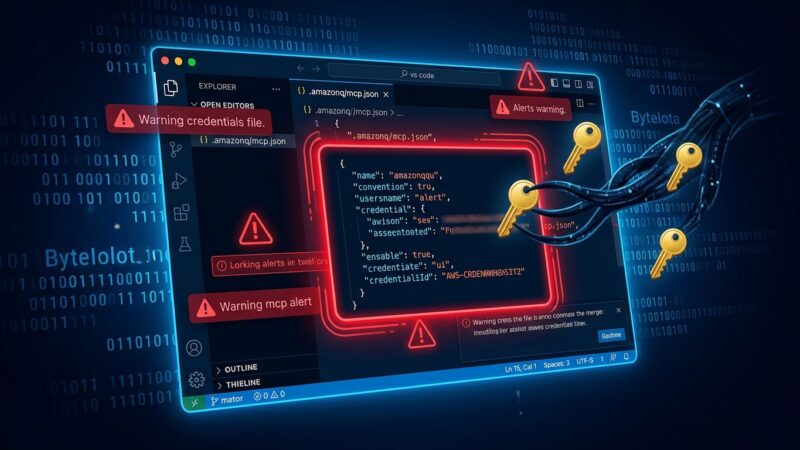 VS Code editor with Amazon Q extension showing malicious MCP config file stealing AWS credentials - CVE-2026-12957
